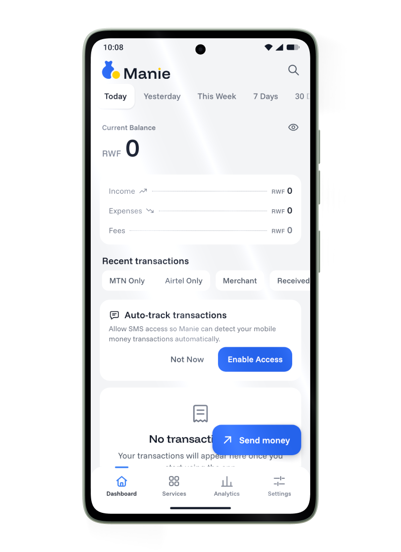 The Manie dashboard on an Android phone, empty, with the Auto-track transactions banner and its Not Now and Enable Access buttons