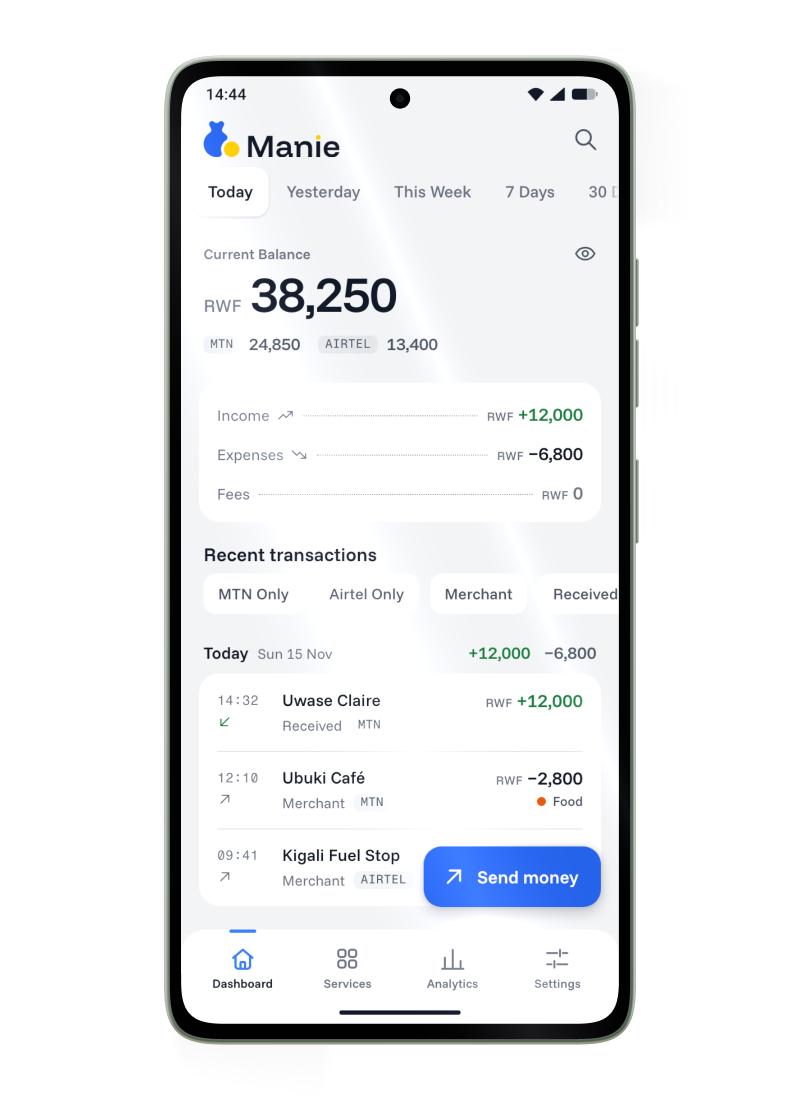 The Manie dashboard on an Android phone, with payments grouped by day. Money in is shown in green