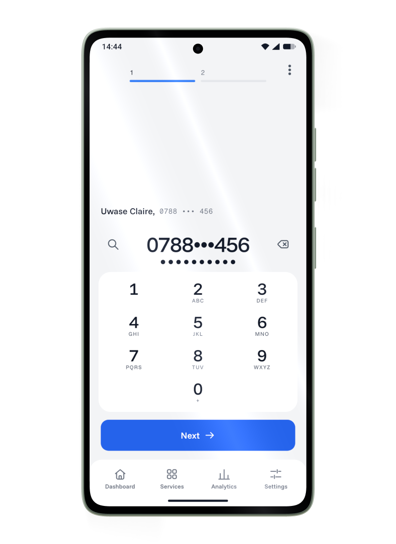 The first step of Send money in Manie on an Android phone