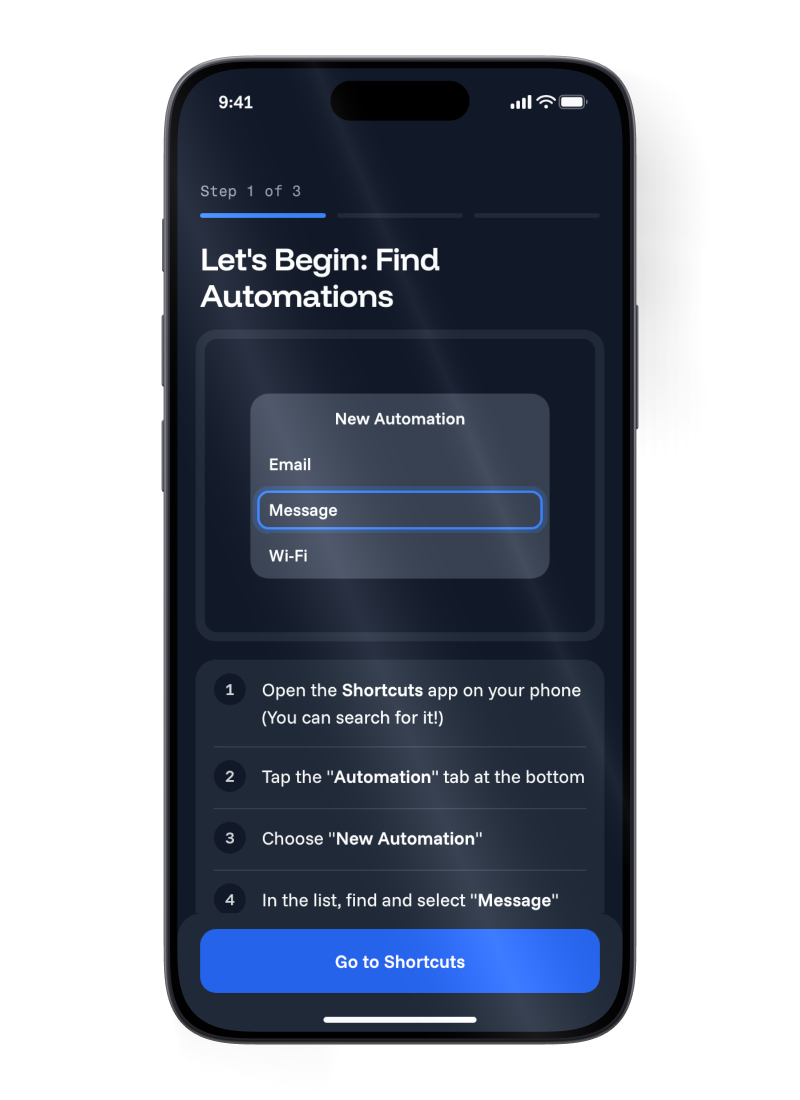 Step 1 of 3 in Manie on an iPhone. A New Automation list with Message highlighted, four numbered steps below it, and a Go to Shortcuts button