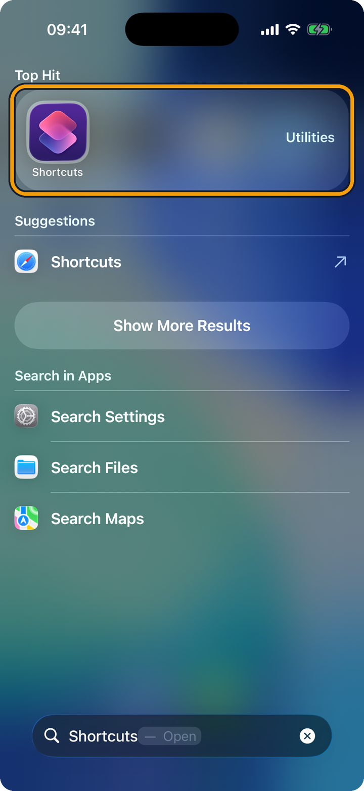 The iPhone Search screen, with Shortcuts typed in the search bar at the bottom. The Shortcuts app shows as the Top Hit, with Utilities at the right of the tile. The orange outline marks the Top Hit.