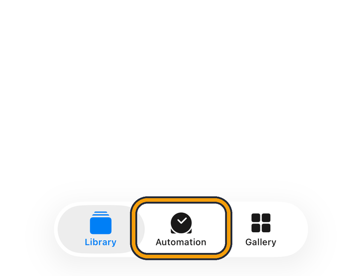 The bottom bar of the Shortcuts app, with three tabs: Library, Automation and Gallery. The orange outline marks the Automation tab.