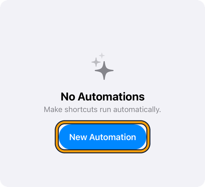 The Automation tab with nothing in it yet. It says No Automations, Make shortcuts run automatically, above a blue New Automation button. The orange outline marks the New Automation button.
