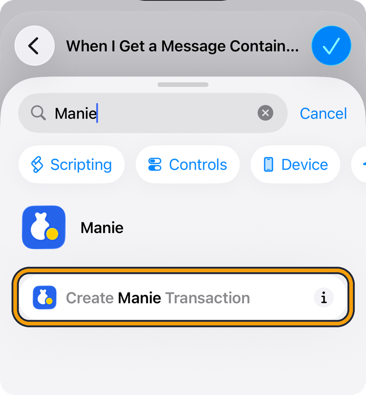 Search Actions with Manie typed in. The results show the Manie app, and below it the action Create Manie Transaction. The orange outline marks the action.