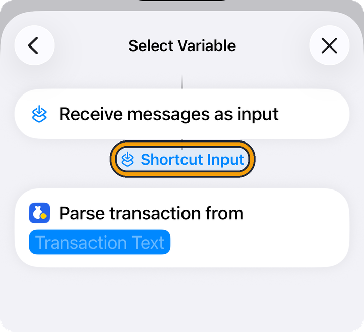 The Select Variable screen. Between the Receive messages as input card and the Parse transaction card, a blue chip says Shortcut Input. The orange outline marks the chip.